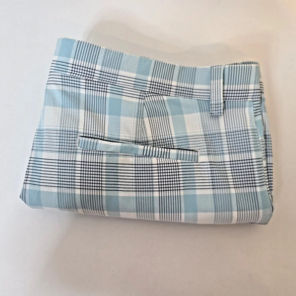 PGA Tour Golf Shorts Mens 38 Blue Plaid Flat Front Slash Pocket Casual Active